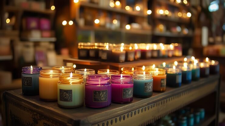 bougies parfumees colorees disposees table bois dans magasin confortable eclaire par eclairage chaud 93675 251939